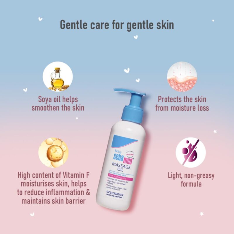 Baby Sebamed Massage Oil 150 ml bottle with soya oil for newborn skin care