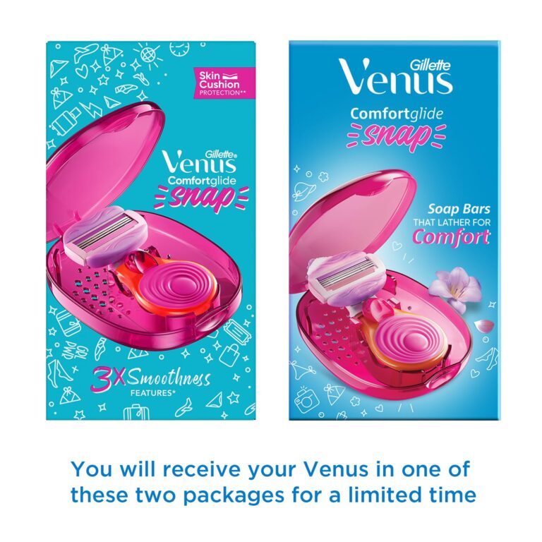 Front view of Gillette Venus Snap razor packaging