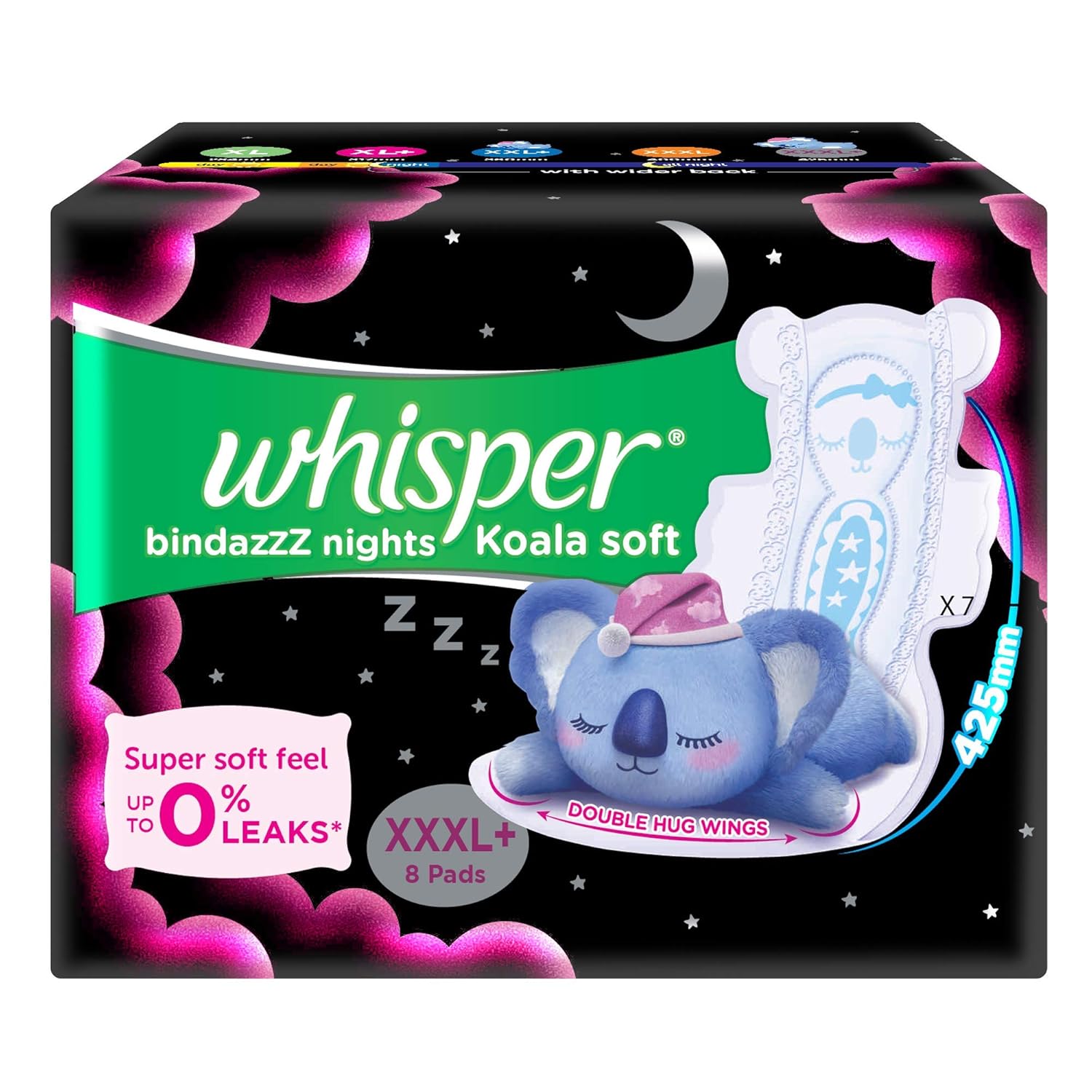 whisper-bindazzz-koala-soft-xxxl-plus-overnight-pads Whisper Bindazzz Koala Soft sanitary pads XXXL plus for overnight comfort