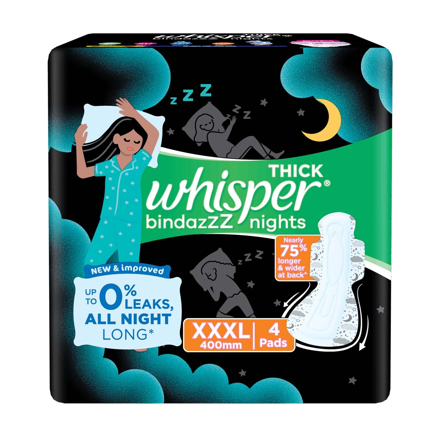 whisper-bindazzz-night-xxxl-pads-4-pack-overnight Whisper Bindazzz Night XXXL pads pack of 4 for overnight comfort