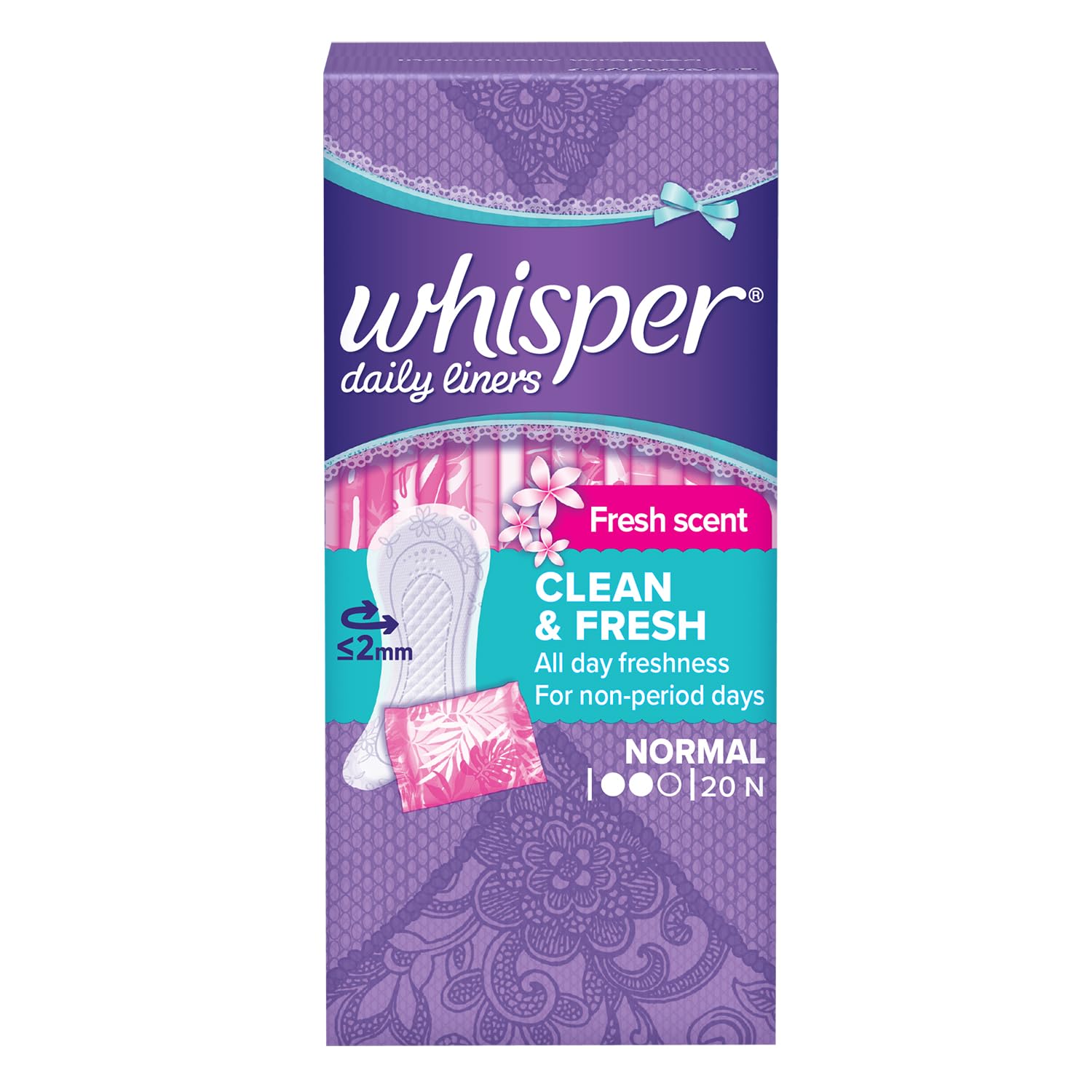 whisper-daily-liners-20-count-everyday-comfort. Whisper clean and fresh daily liners pack of 20 for everyday comfort