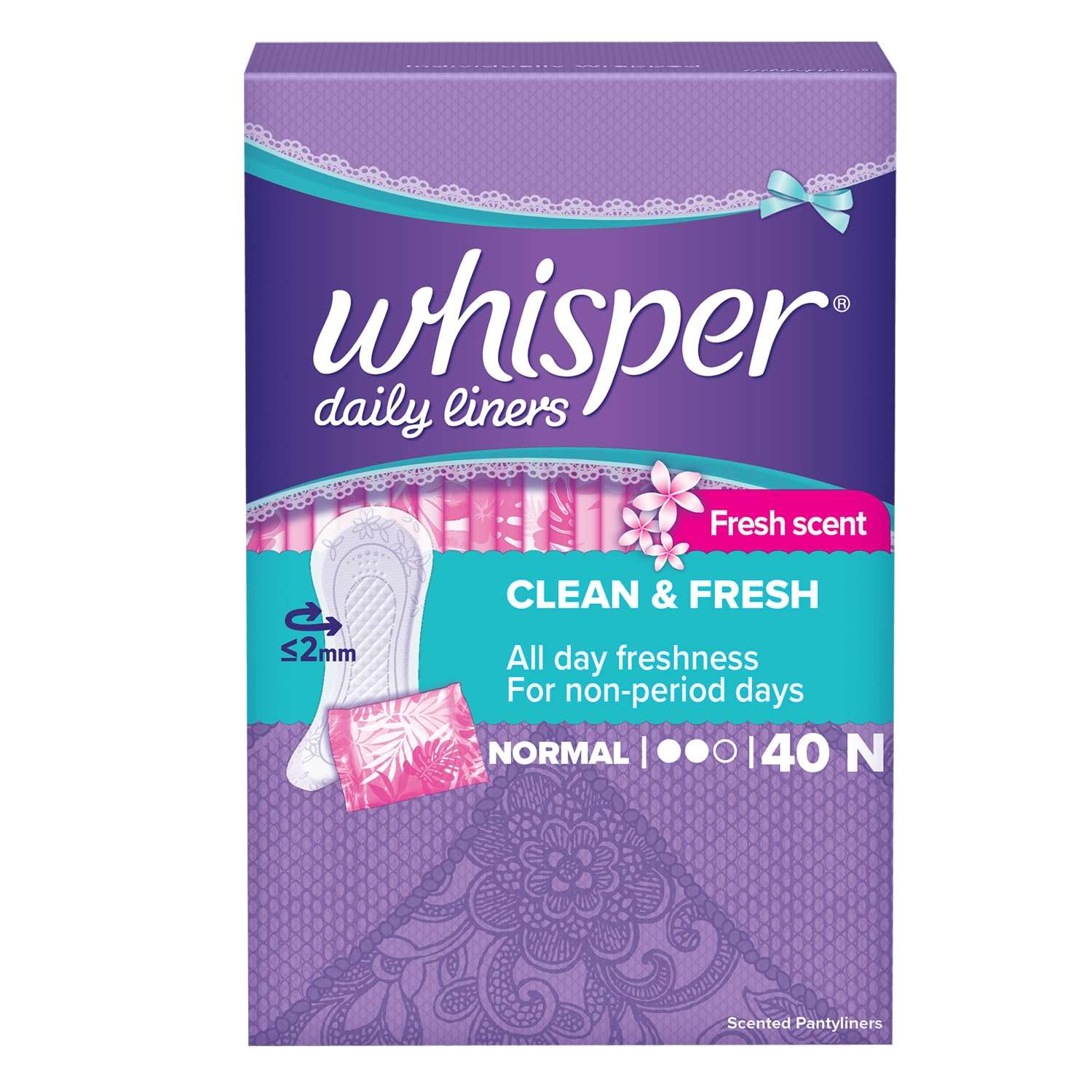 whisper-daily-liners-normal-40-count-clean-fresh-comfort Whisper Clean and Fresh Daily Liners Normal, 40 Count - Image 1