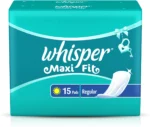 Whisper Maxi Fit regular pads 15 count for daily hygiene comfort